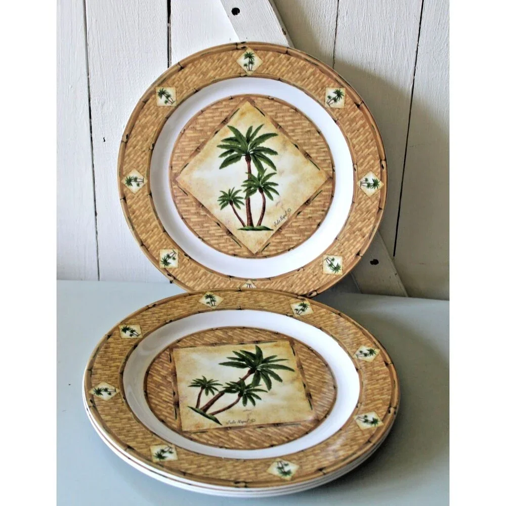 Tropical Palm Trees Melamine 4 Pc Dinner Plate Set 10” Plates